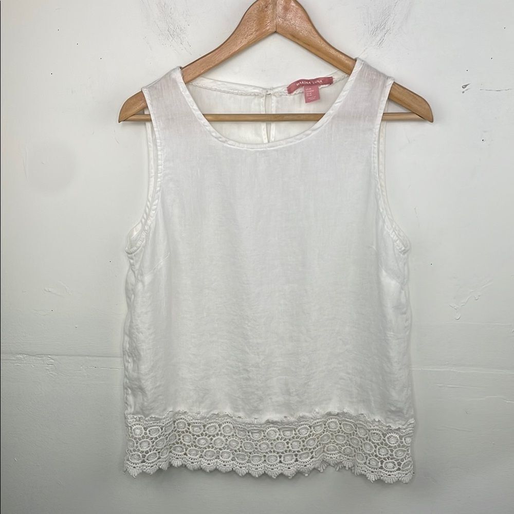 Marina Luna Linen White Crochet Trim Sleeveless Top size Medium
